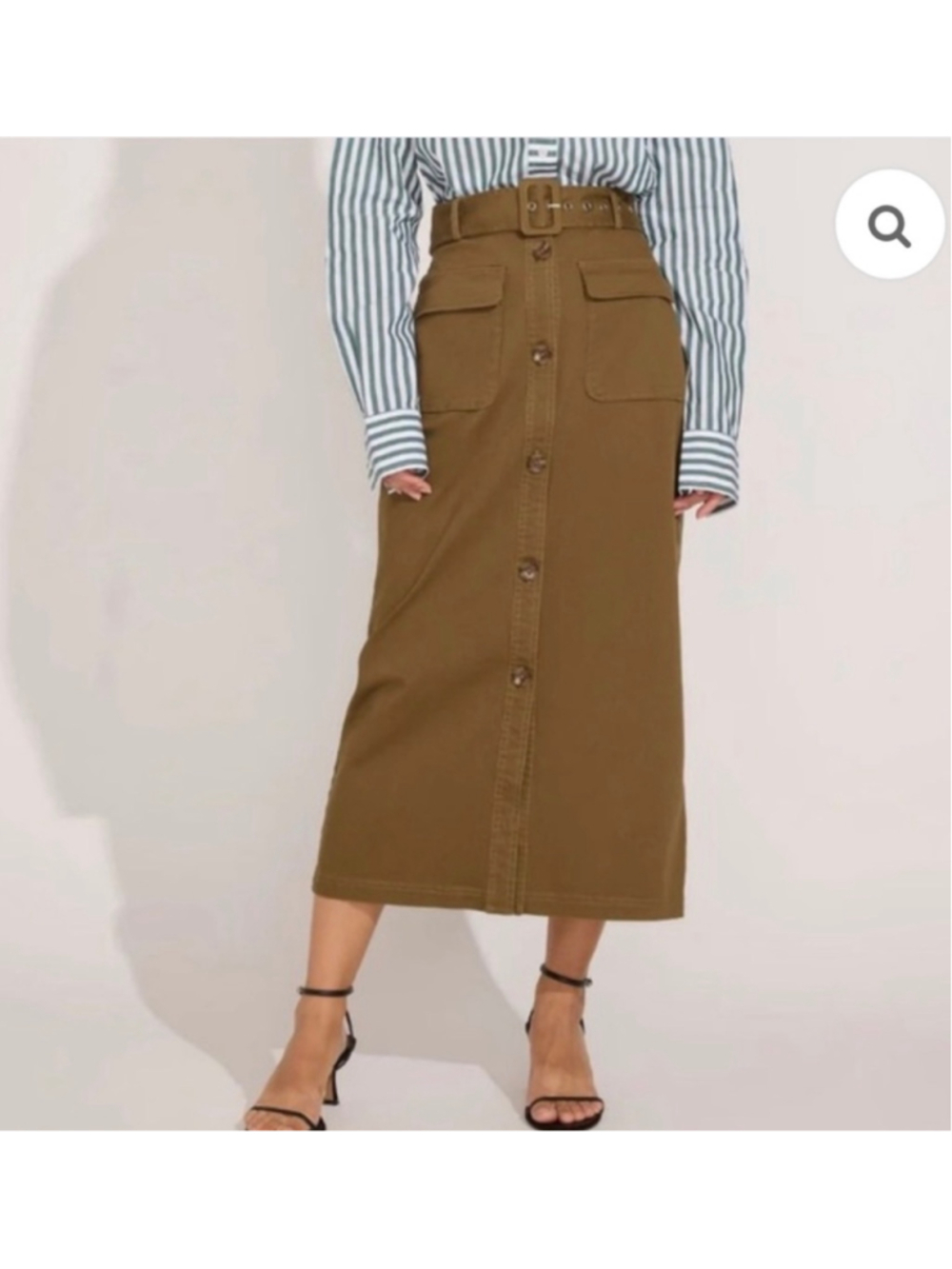 Women's Solid & Striped Midi Skirt Size S Olive Button Front Belted